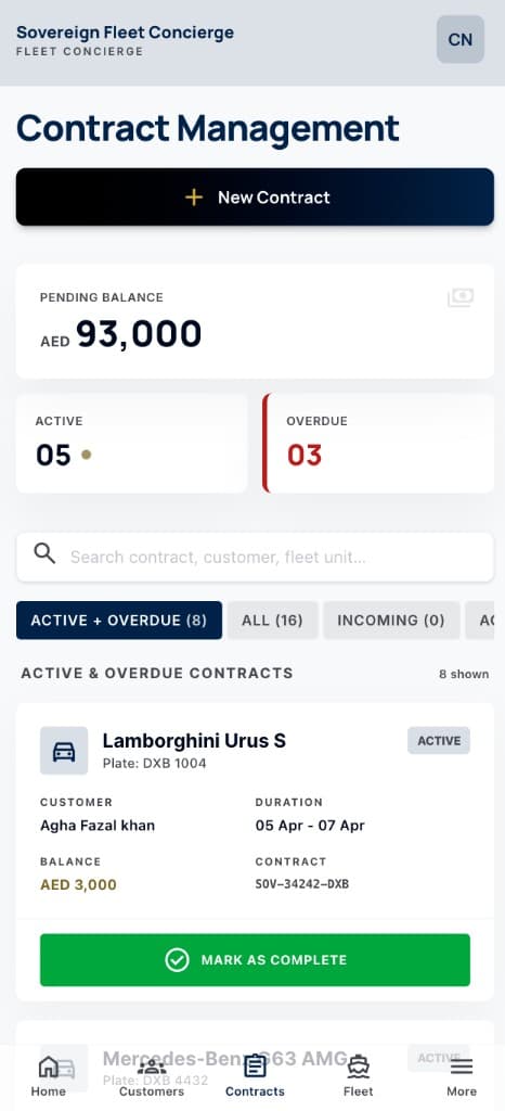 Contract management — pending balance, active and overdue counts, contract list